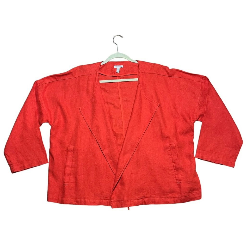 Eileen Fisher Heavy Organic Linen Open Cardigan Jacket In Geranium Orange Sz Xl